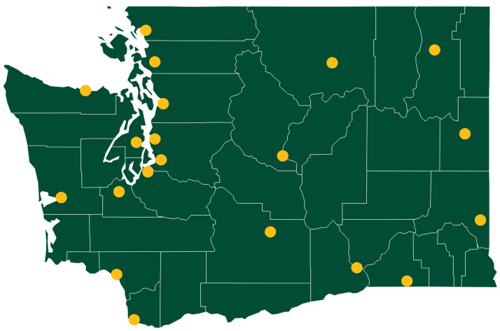 County map of Washington with 20 office locations marked by dots