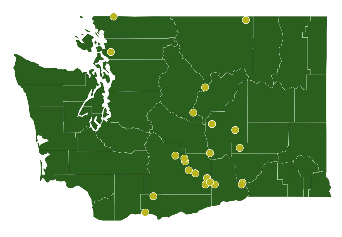 Map of Washington showing dots concentrated in Central, and South-Central Washington with a few dots near Canadian border.