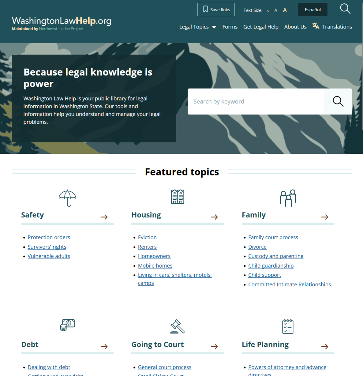 Washington Law Help homepage with large search bar and list of popular legal topics